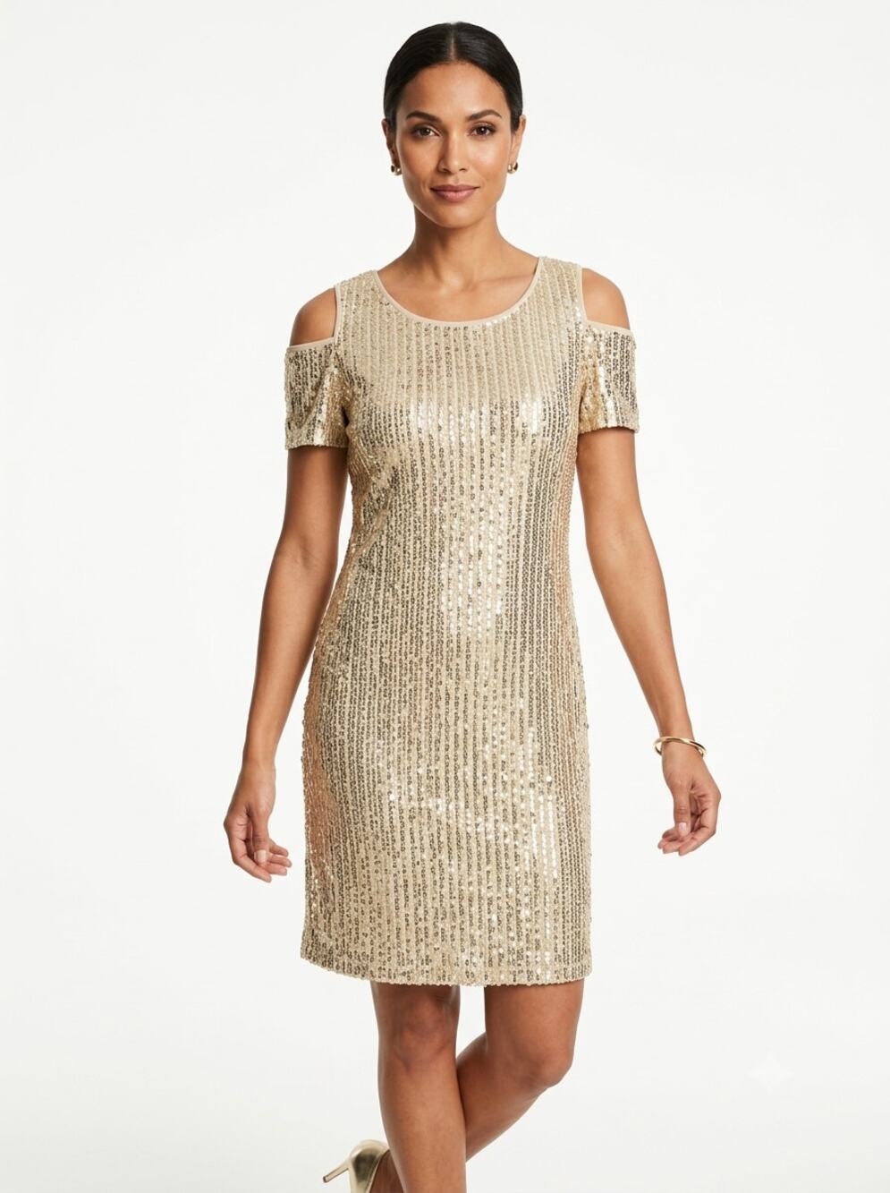 NWT Chico's Short Sheath Dress Women's 2 US L Gold Occasion Sequin Cold Shoulder